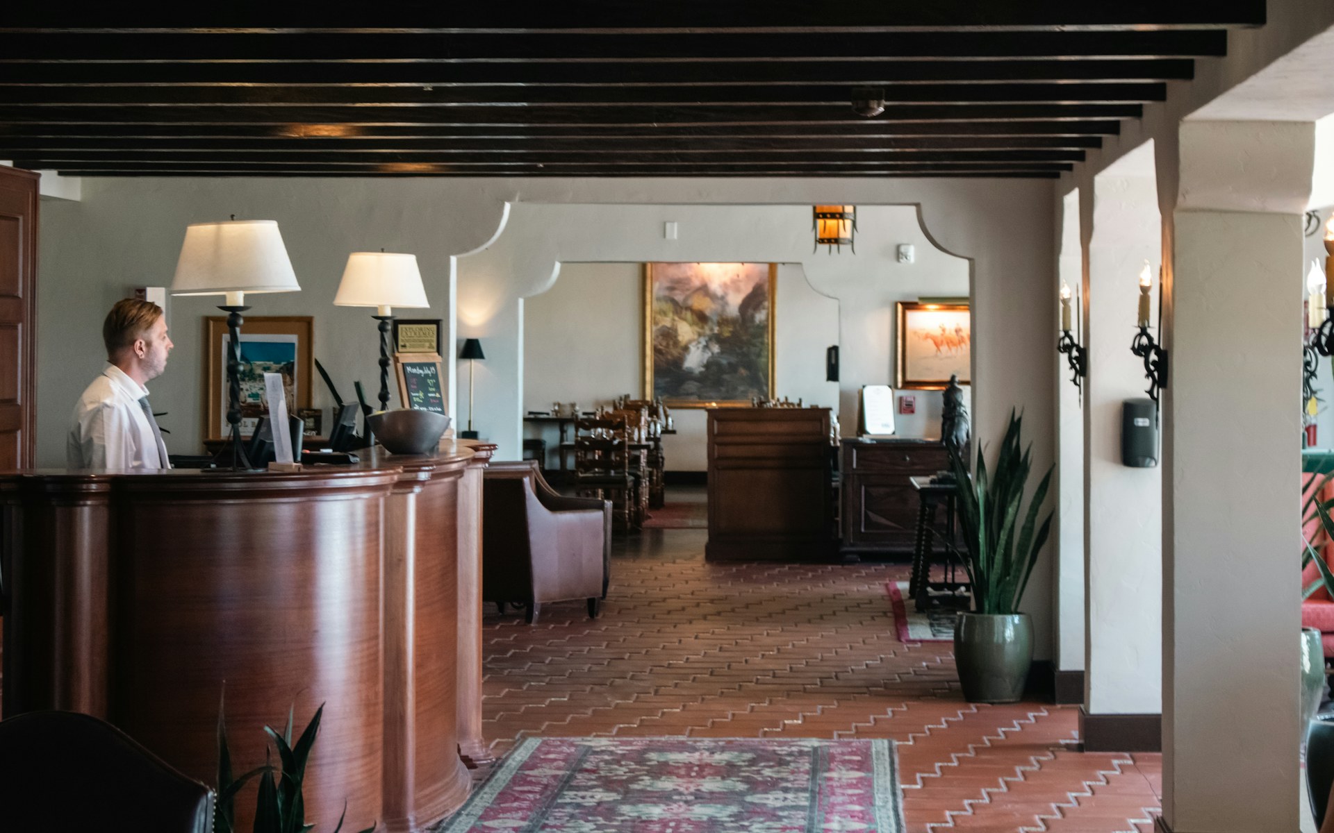 Dark, warmly-lit reception